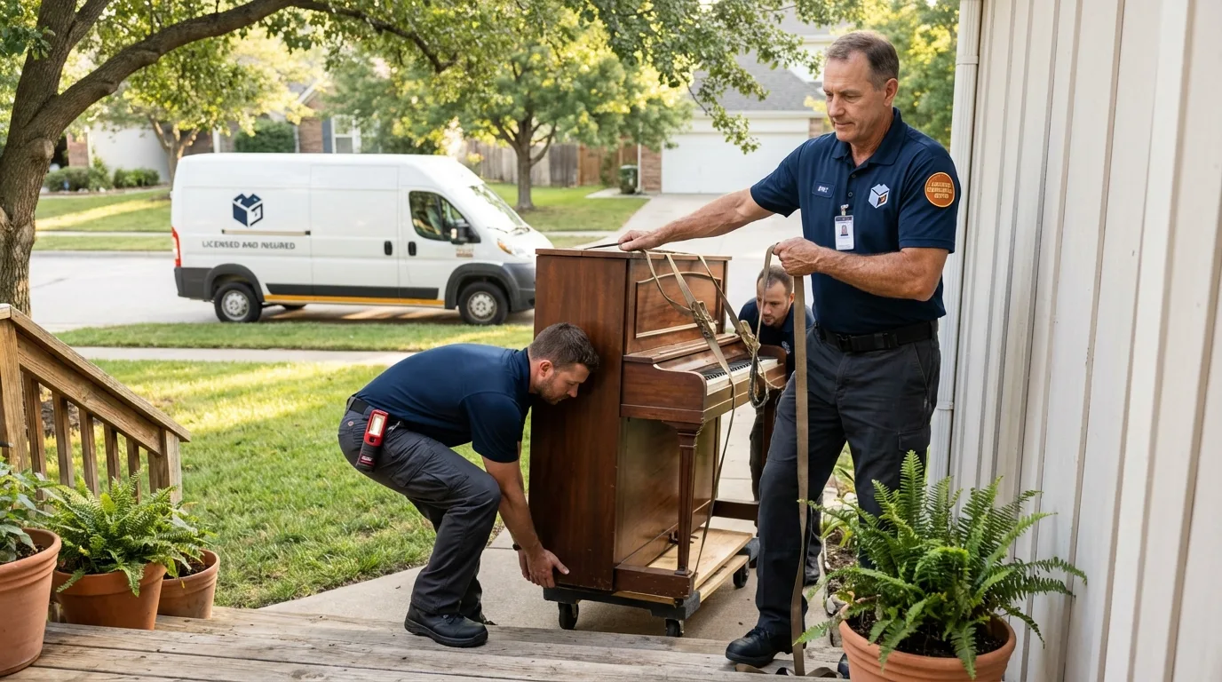 Licensed piano movers securing grand piano in Decaturville, TN
