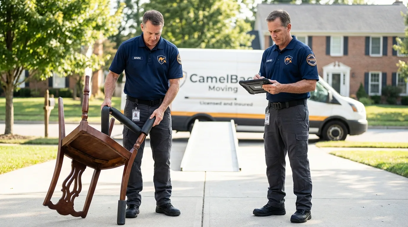 Movers inspecting furniture for damage prevention before loading in Decaturville, TN