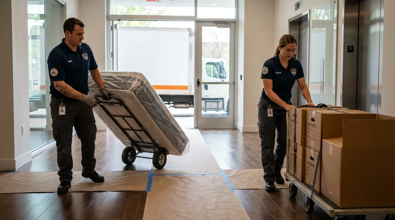 Professional apartment movers loading elevator in Decaturville, TN
