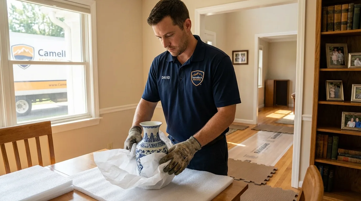 Professional crew carefully wrapping antique vase for senior downsizing move in Decaturville, TN